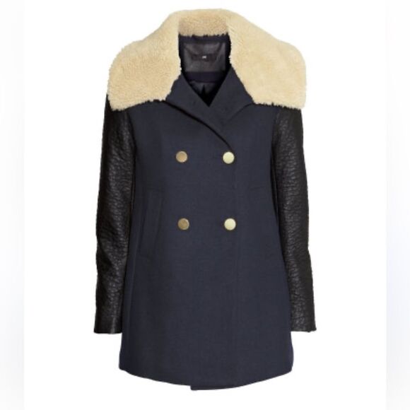 H&M Faux Leather Sleeve Faux Shearling Collar Coat - Picture 2 of 10